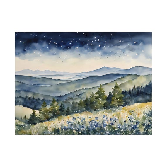 Blue Ridge Mountains And Stary Sky Watercolor Landscape Print Wildflowers Painting Appalachian Highlands Artwork Nature Wall Art