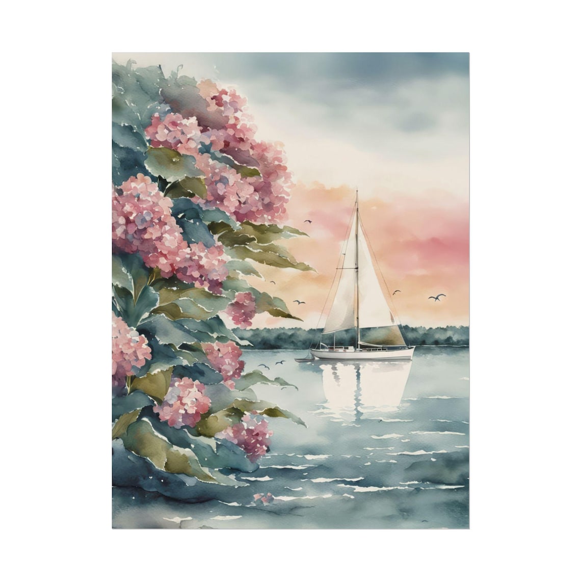 Sailboat Sunset Pink Hydrangeas Coastal Watercolor Serene Harbor Wall Art
