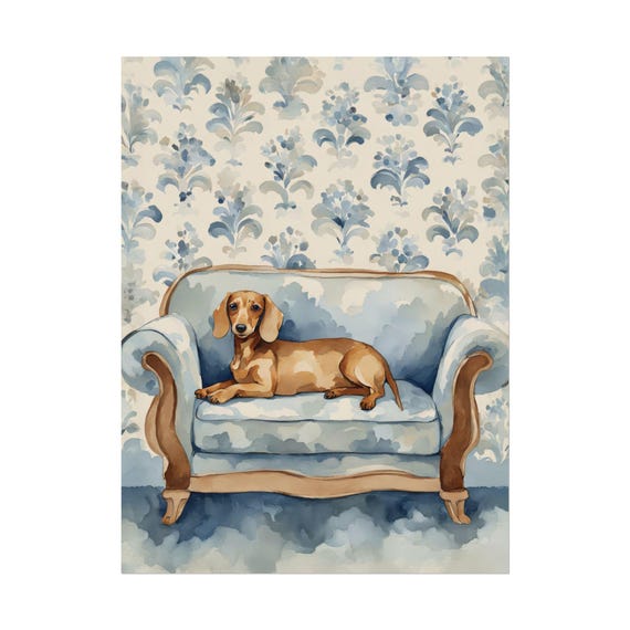 Light Brown Dachshund Art Print Blue Floral Chinoiserie Wall Dog Lover Poster Gouachewatercolor Painting Maximalist