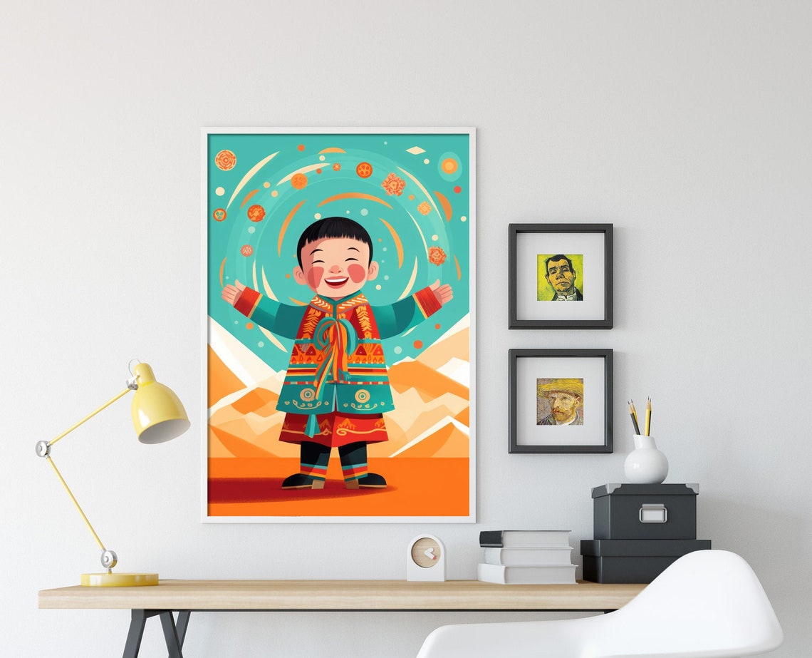 Smiling Mongolian Boy Traditional Costume Mountain Kids Art Print - Image 4