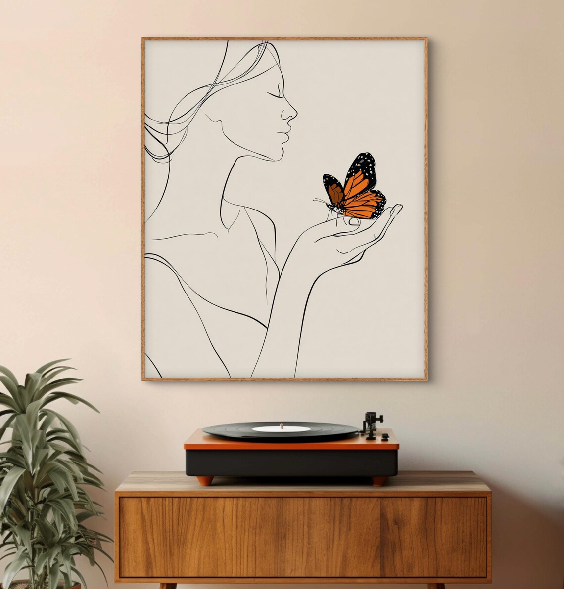Minimalist Woman Line Art Holding Monarch Butterfly Profile Poster