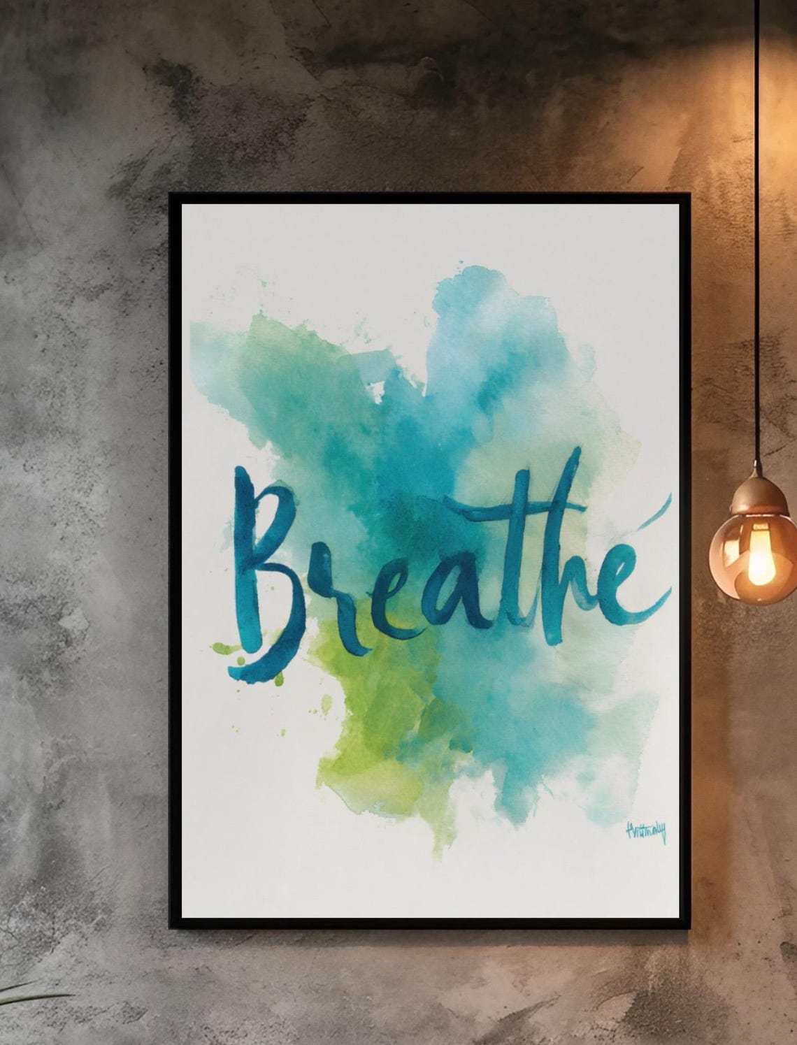 Breathe Watercolor Calligraphy Poster in Calming Teal Zen Style