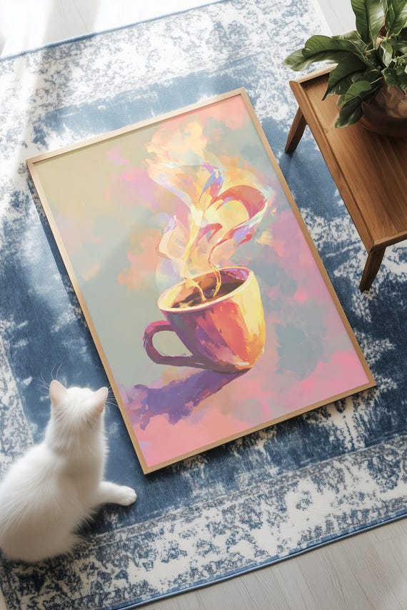 Steaming Coffee Cup Print Soft Pastel Glow Cozy Kitchen Art