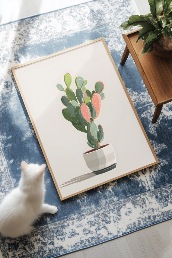 Minimal Cactus Plant Illustration Soft Shadow Botanical Wall Art