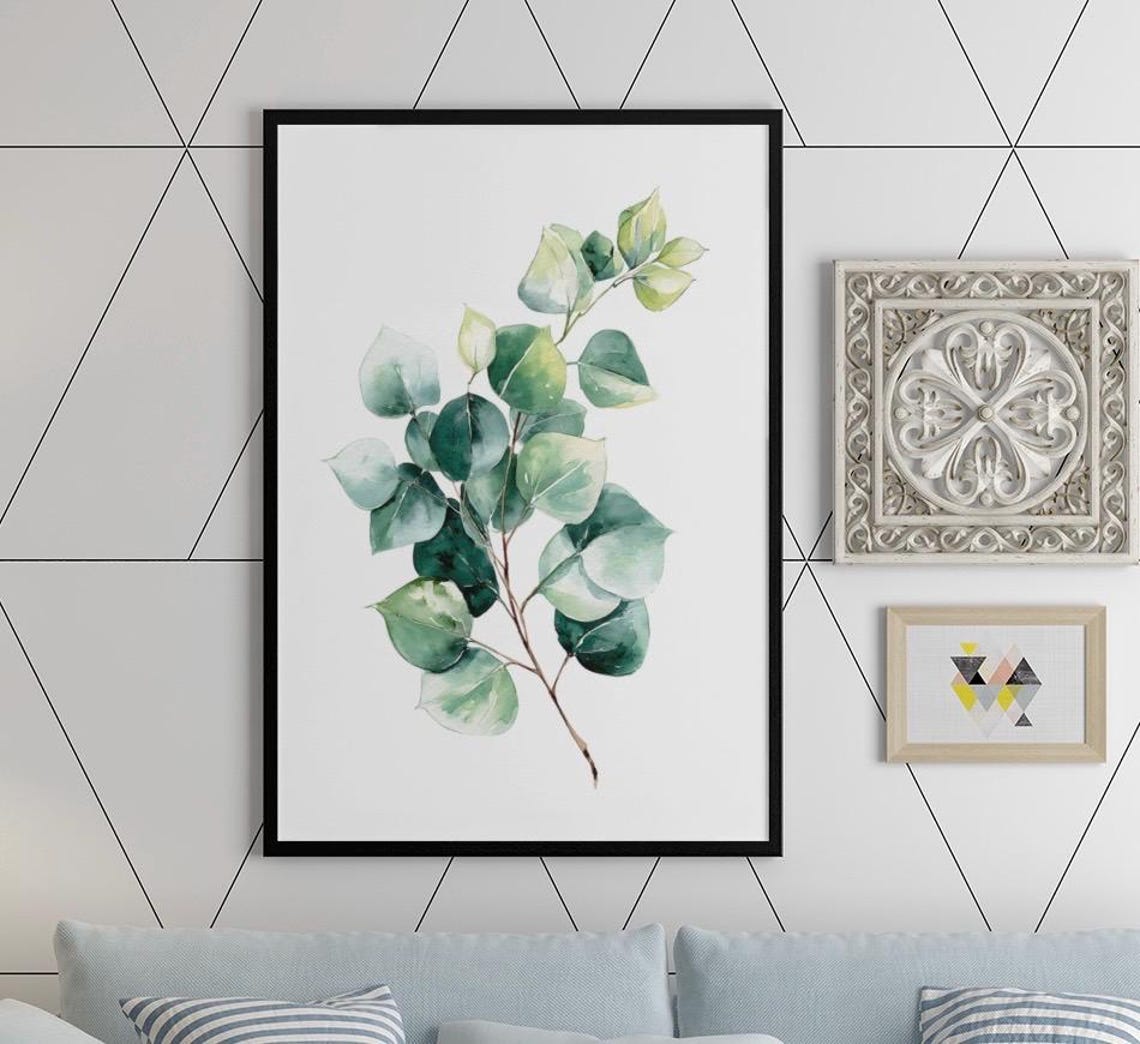 Eucalyptus Branch Watercolor Poster with Soft Green Botanical Leaves