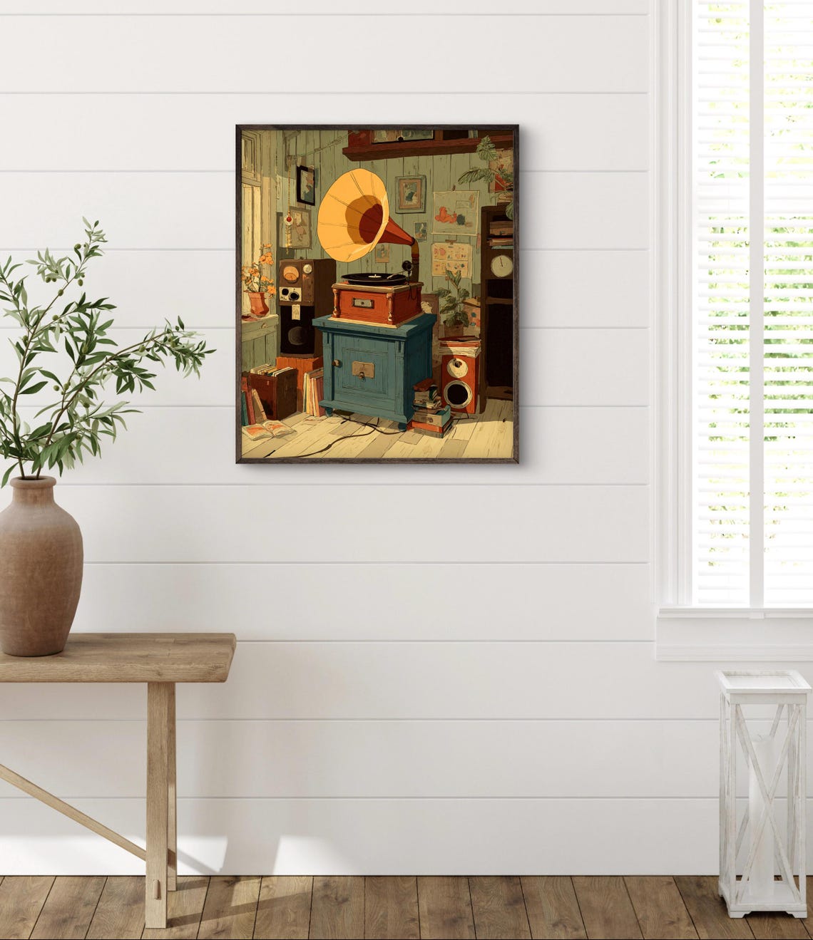 Vintage Phonograph Cozy Book Room Retro Music Illustration Art Print
