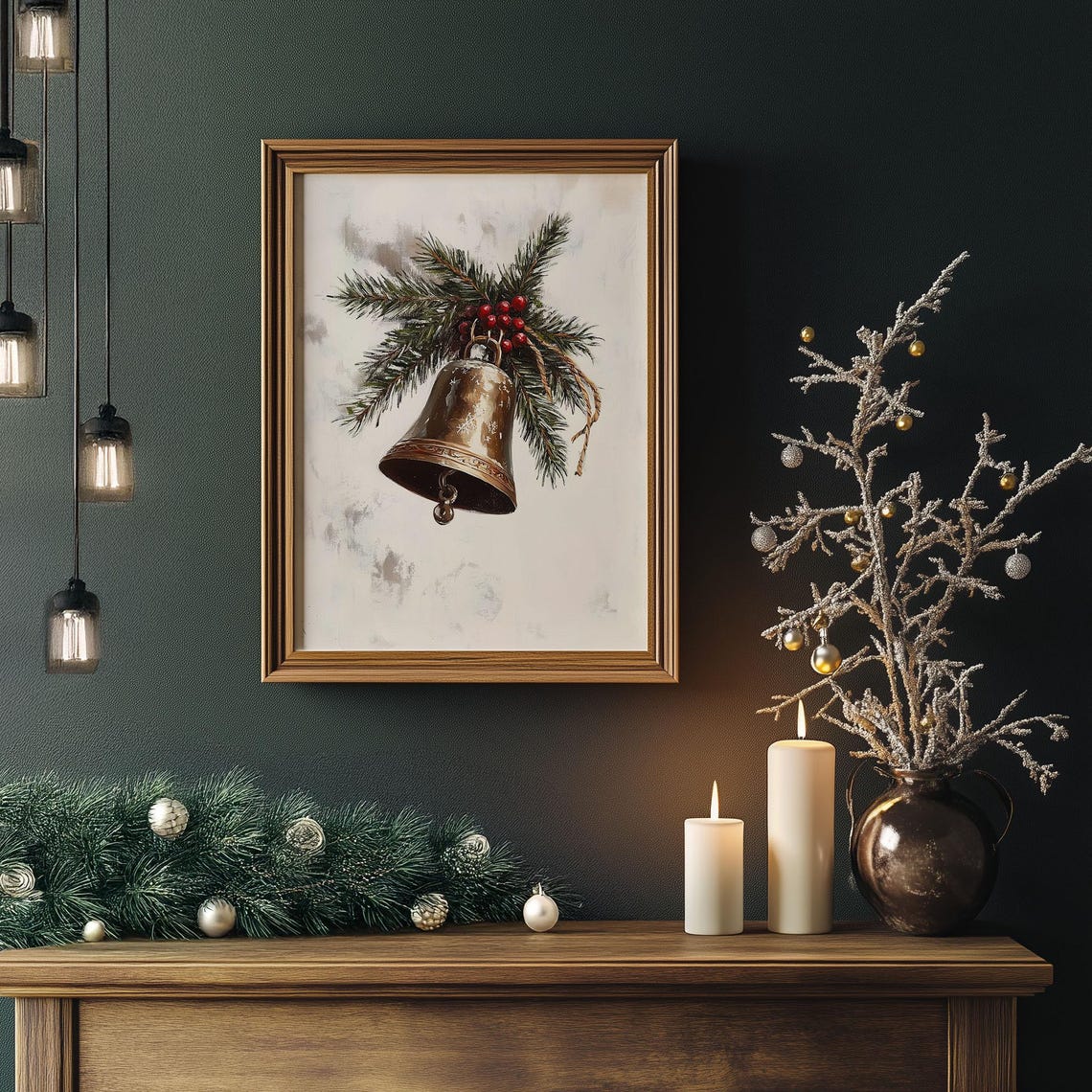 Rustic Brass Bell with Pine Branch and Red Berries Christmas Poster - Image 4