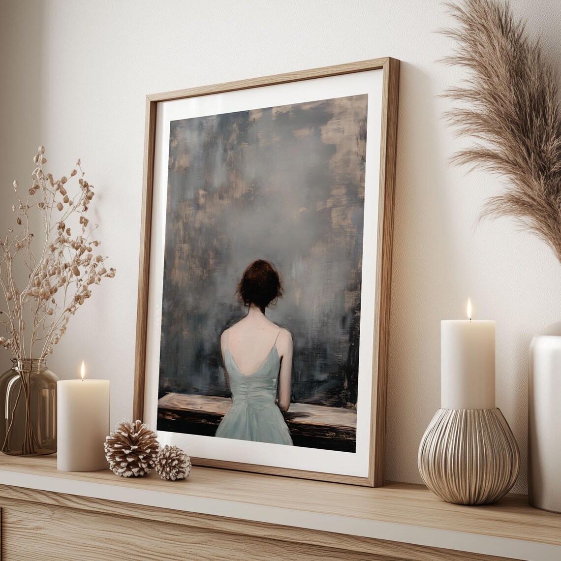 Woman in Blue Dress from Behind Moody Vintage Interior Wall Art - Image 2