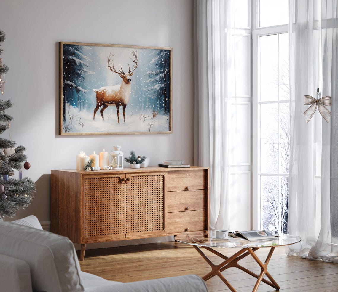 Reindeer in Falling Snow Blue Winter Forest Vintage Painting Poster - Image 7