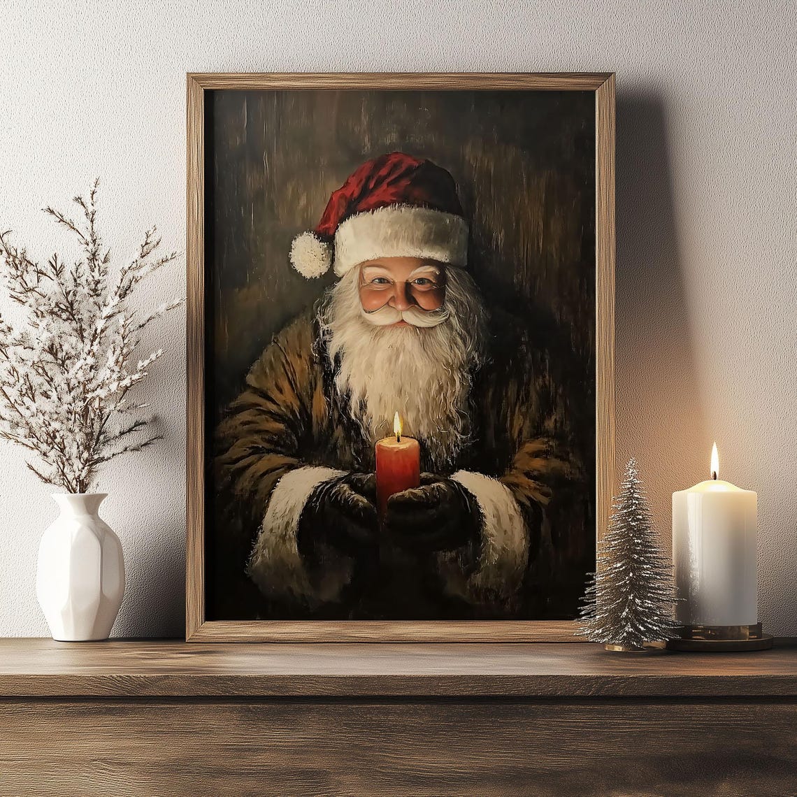 Santa Claus Holding a Candle Dark Rustic Oil Painting Christmas Poster - Image 6