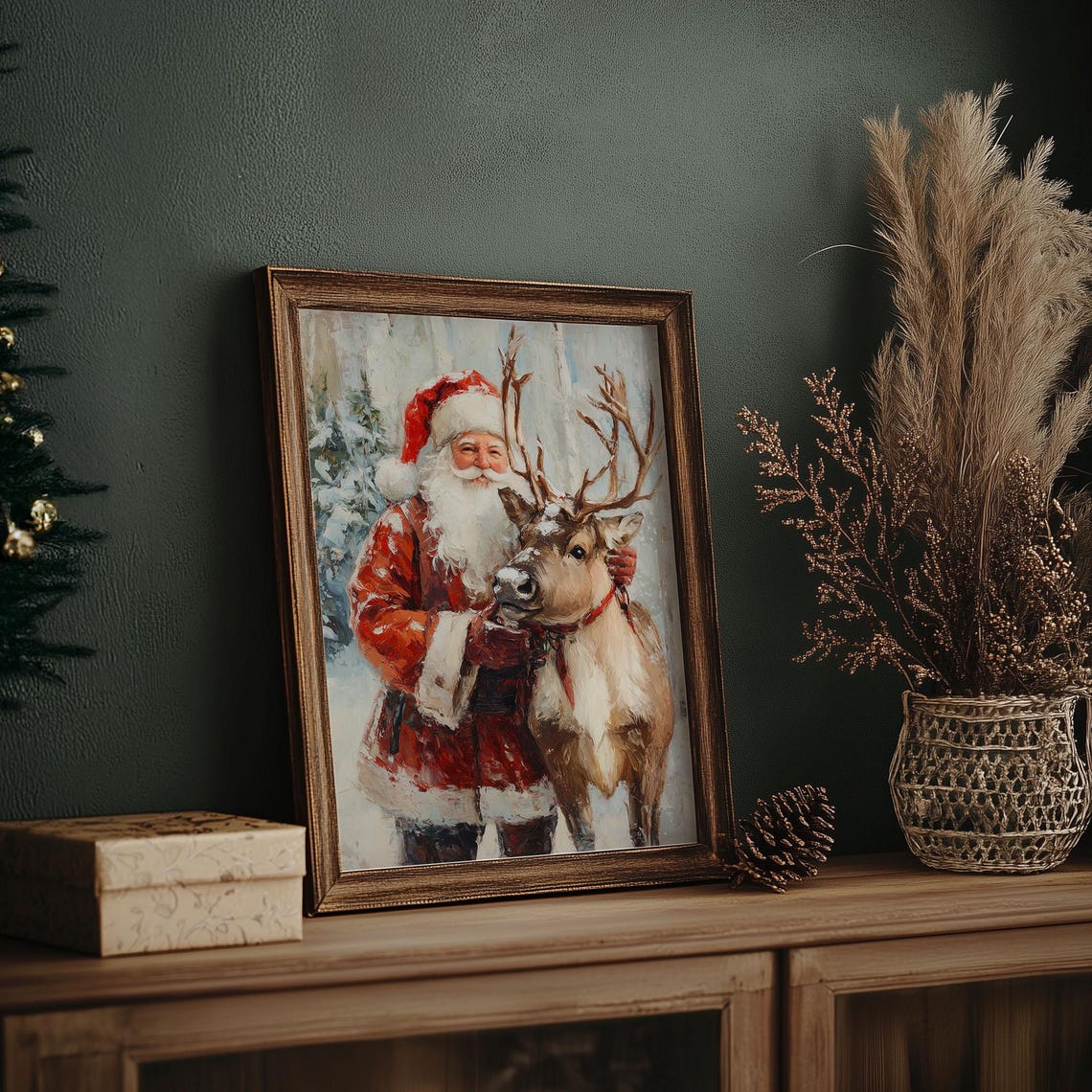 Santa Claus Hugging a Reindeer in the Snow Christmas Painting Poster - Image 7