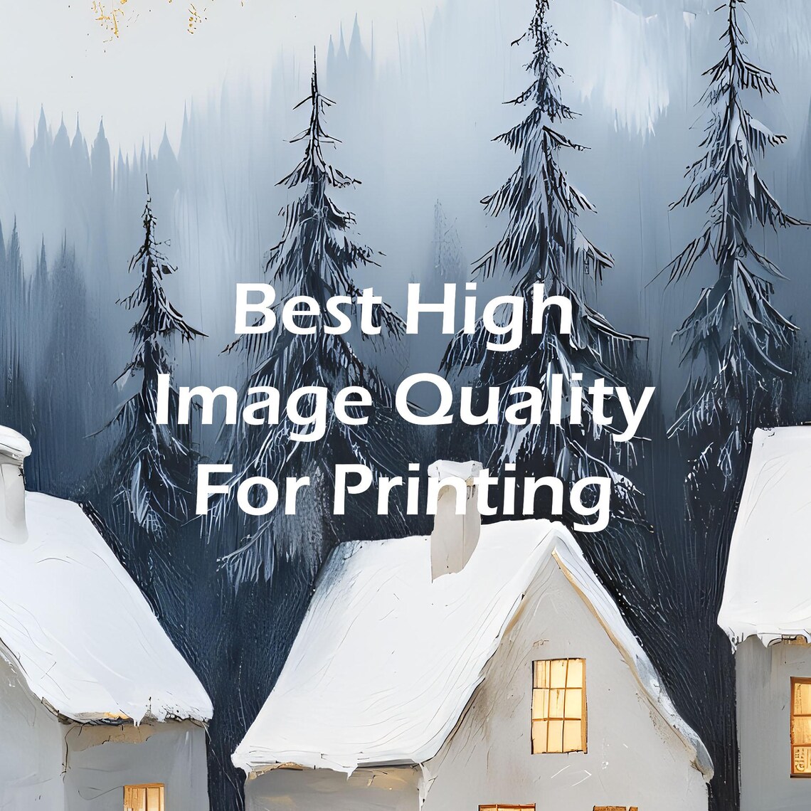 Row of White Snow Cottages Glowing Windows Golden Sky Winter Poster - Image 3