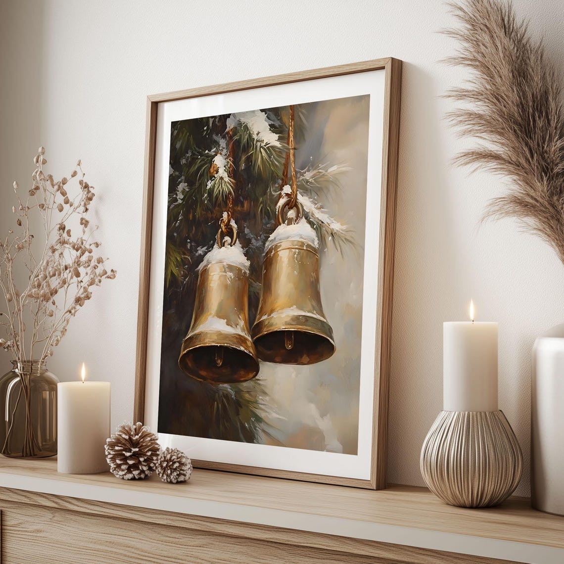 Two Snow Dusted Brass Bells Hanging on Pine Branch Christmas Poster - Image 3