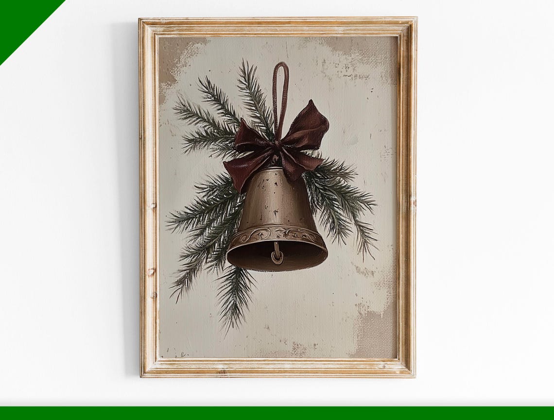 Antique Brass Bell With Burgundy Bow Pine Sprigs Rustic Poster