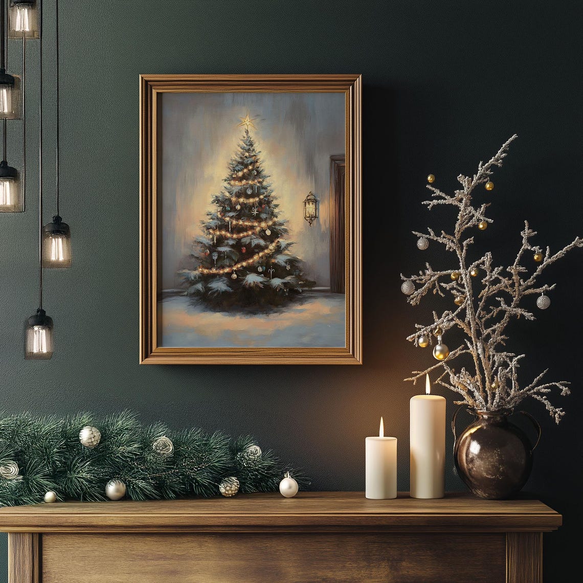 Lit Christmas Tree With Garland Lights Indoors Vintage Oil Poster - Image 4