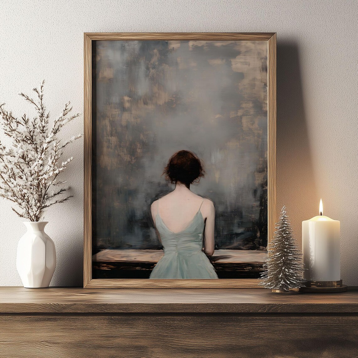 Woman in Blue Dress from Behind Moody Vintage Interior Wall Art - Image 3