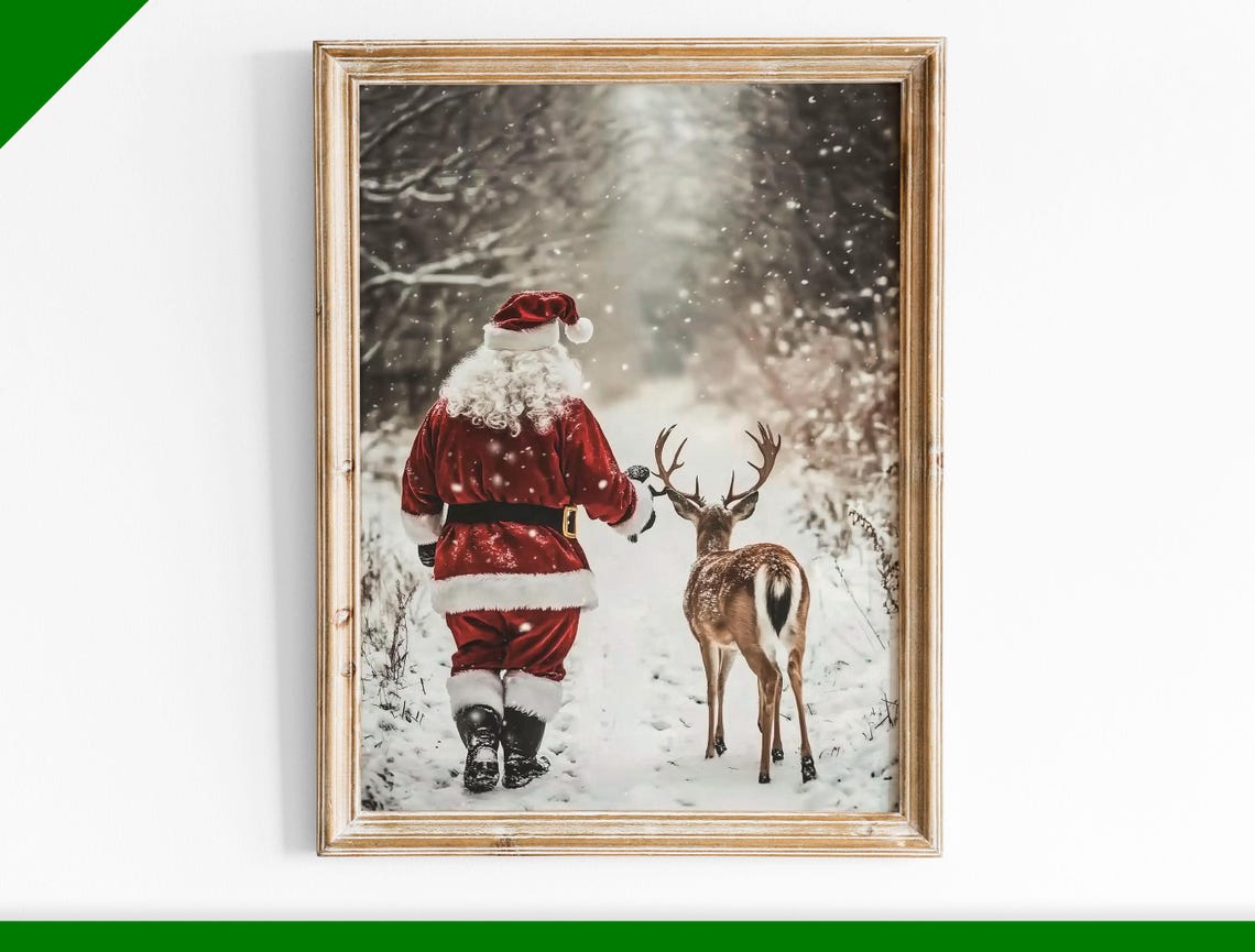 Santa Claus Walking with Deer in Snowy Forest Winter Scene Poster