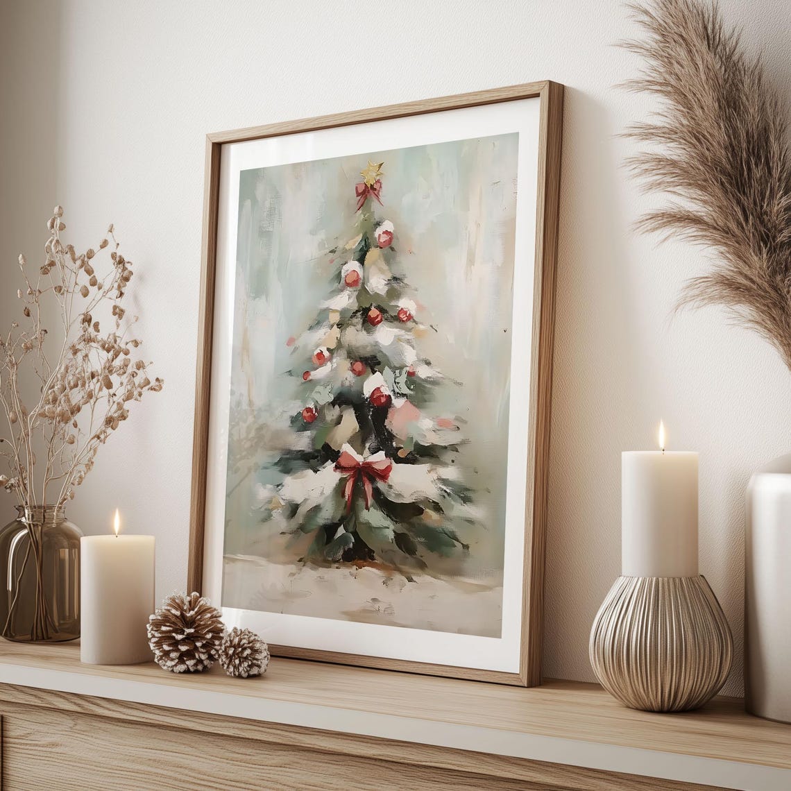 Snowy Christmas Tree with Red Ornaments Loose Oil Painting Poster - Image 3