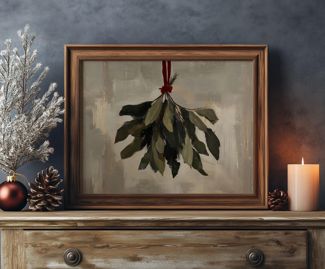 Hanging Mistletoe Bundle With Red Ribbon Vintage Holiday Poster - Image 4