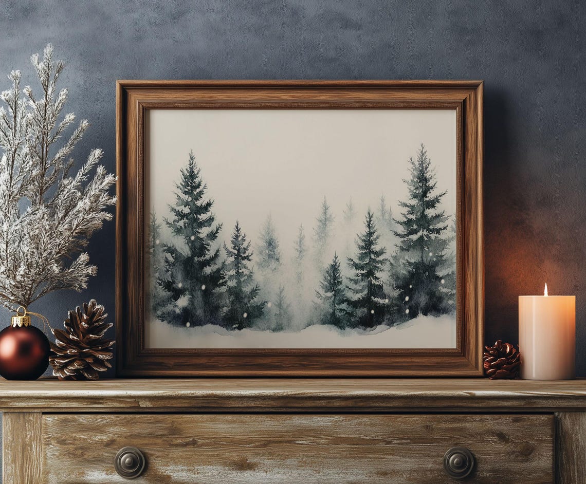 Misty Snowy Pine Trees Winter Watercolor Forest Landscape Poster - Image 4