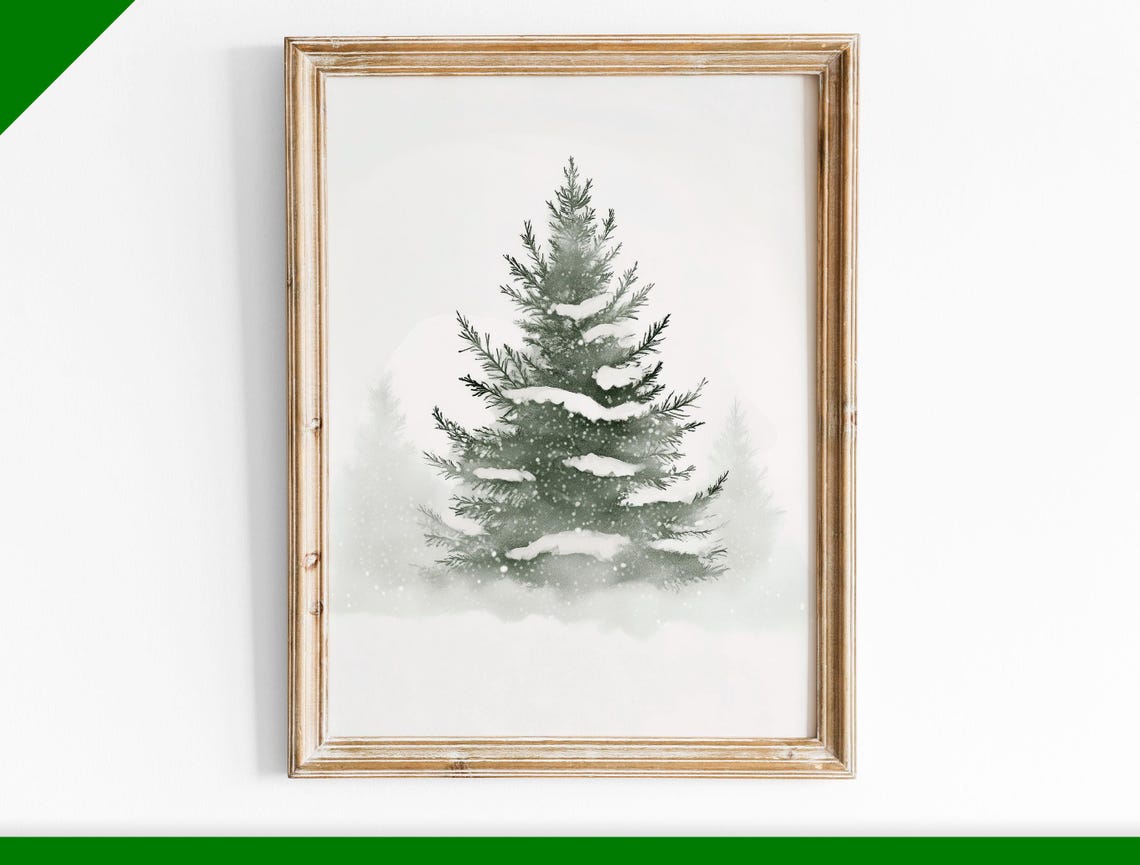Minimalist Snowy Evergreen Tree Winter Watercolor Holiday Poster