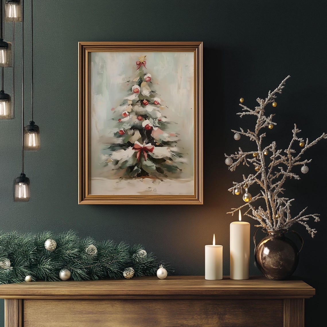 Snowy Christmas Tree with Red Ornaments Loose Oil Painting Poster - Image 4