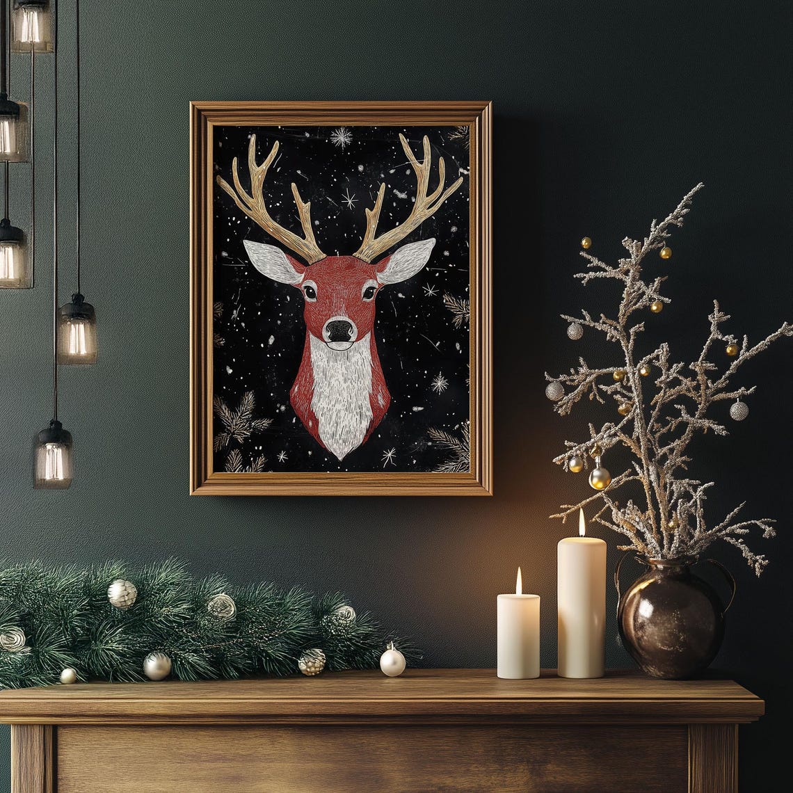 Red Reindeer with White Antlers Chalk Style on Black Christmas Poster - Image 3