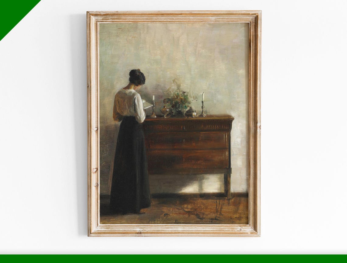 Woman Reading at Sideboard Candlelight Vintage Interior Poster