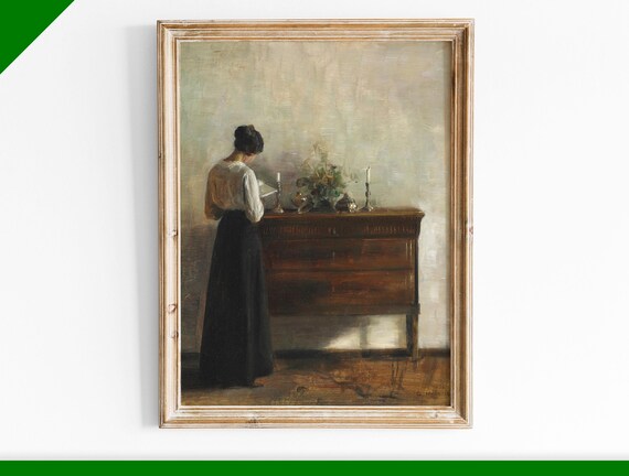 Woman Reading at Sideboard Candlelight Vintage Interior Poster