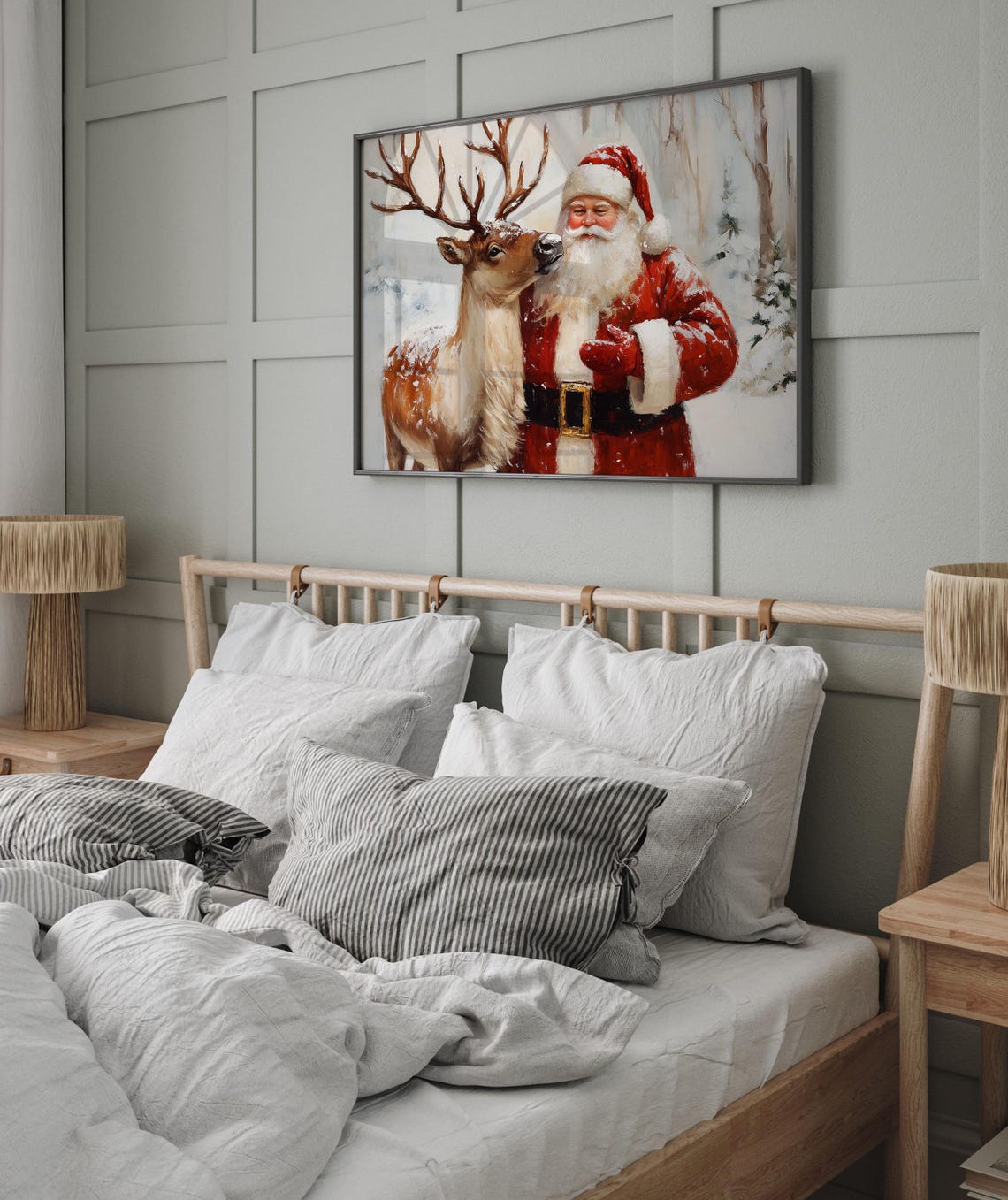 Santa Claus with Reindeer Nuzzling in Snowy Woods Christmas Poster - Image 2