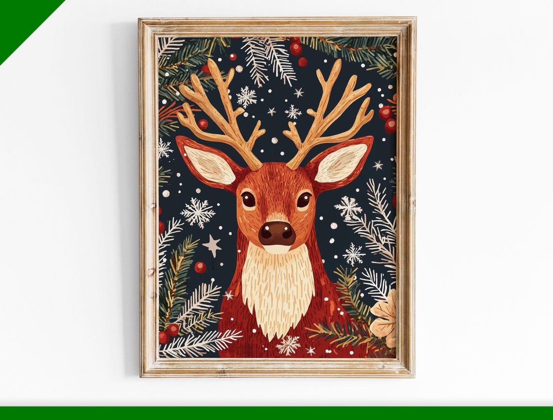 Folk Art Reindeer Head with Pine and Berries Navy Christmas Poster