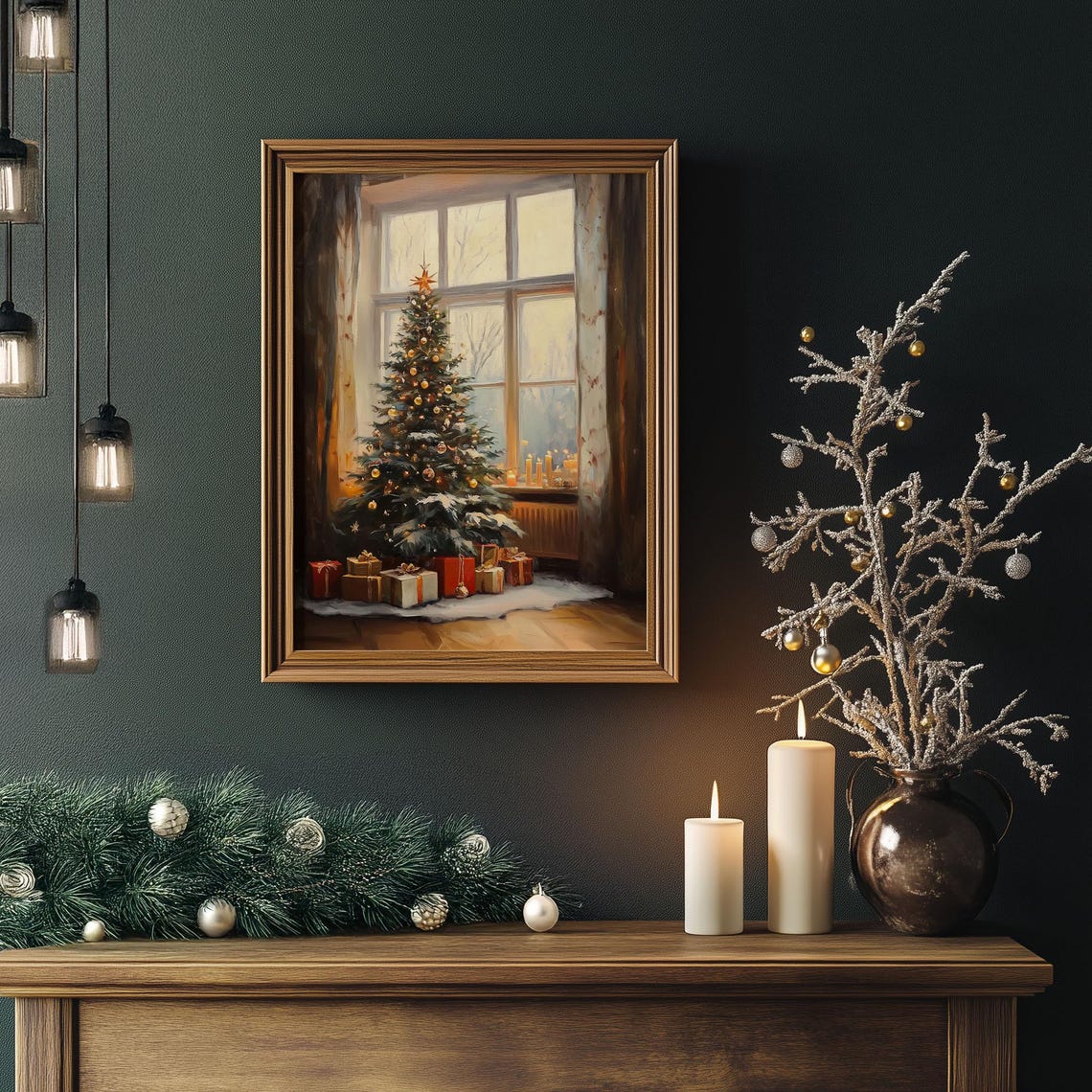 Christmas Tree by Window With Gifts and Candles Oil Painting Poster - Image 4