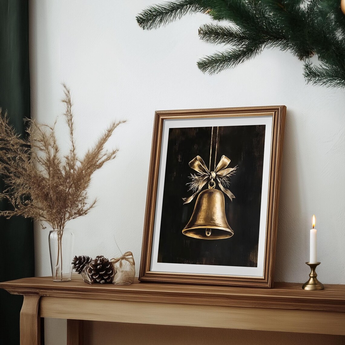 Golden Christmas Bell with Ribbon Bow on Black Vintage Poster - Image 3