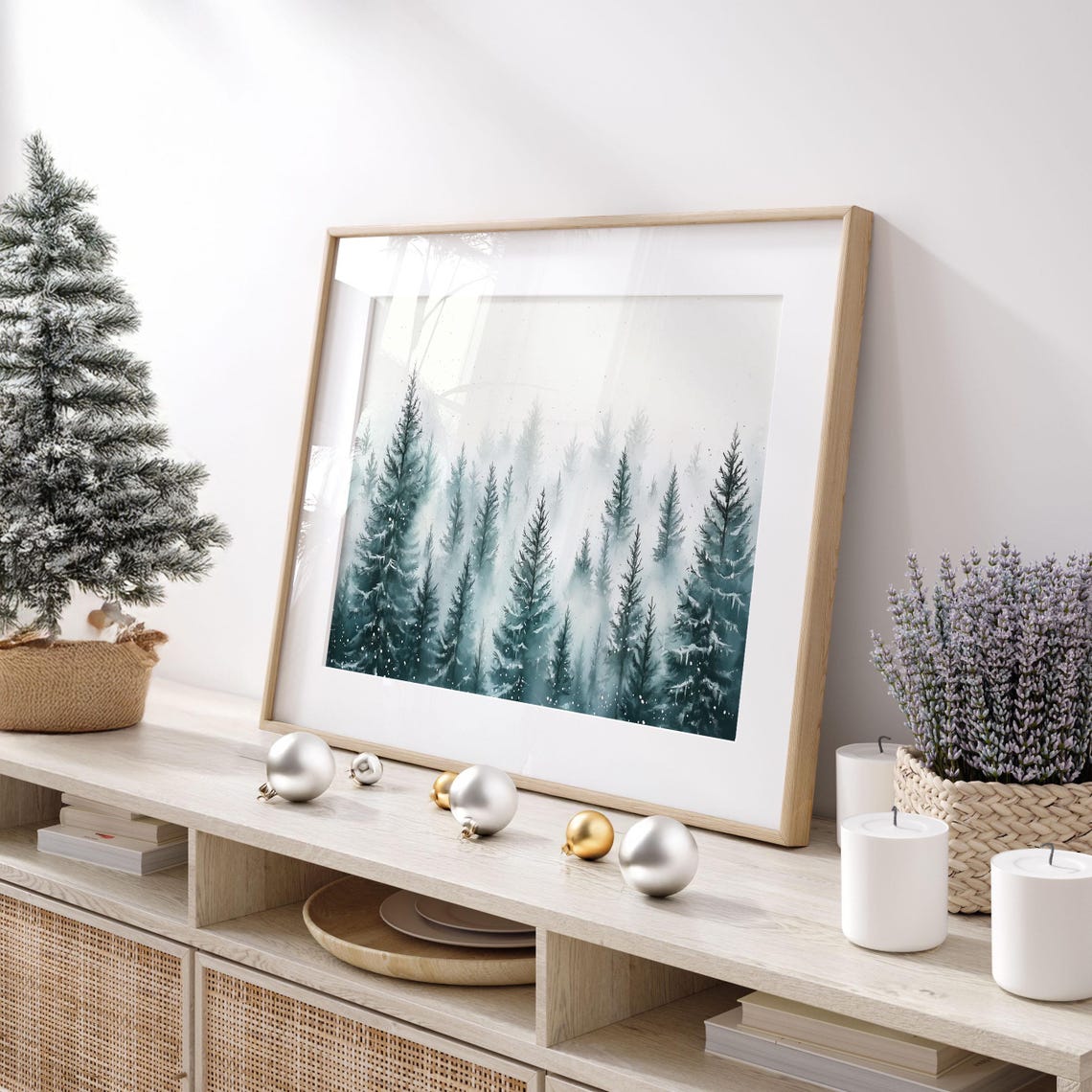 Misty Pine Forest Watercolor Minimalist Winter Landscape Poster - Image 4