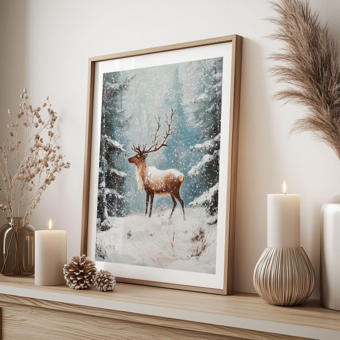 Majestic Stag in Snowy Forest Impressionist Winter Wildlife Poster - Image 2