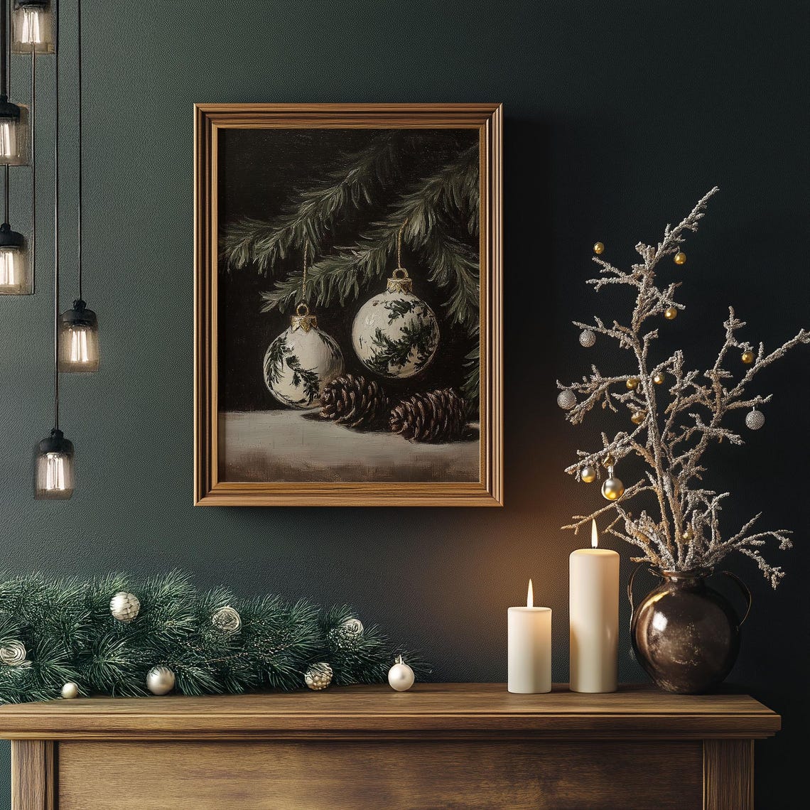 White Botanical Christmas Ornaments and Pine Cones Moody Poster - Image 4