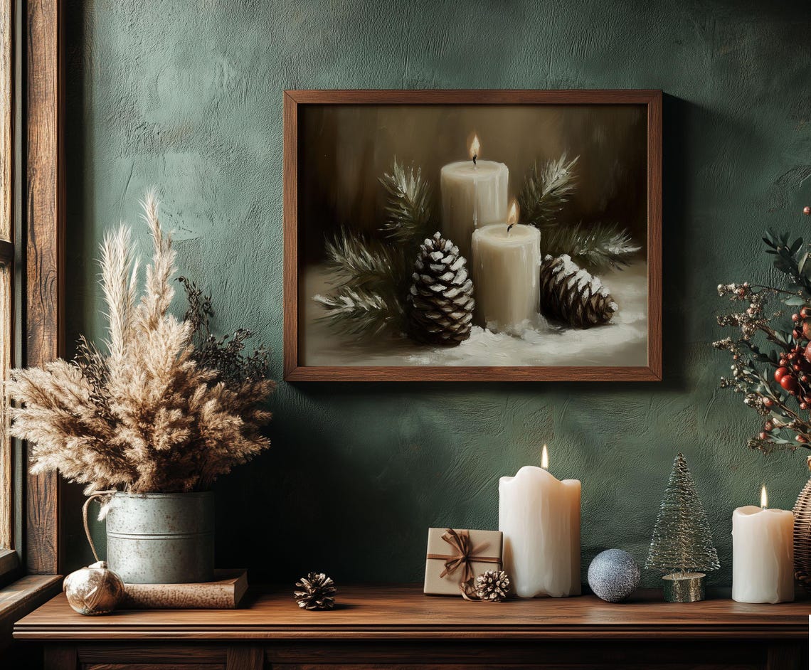 Two Lit Candles With Frosted Pinecones Christmas Still Life Poster - Image 7
