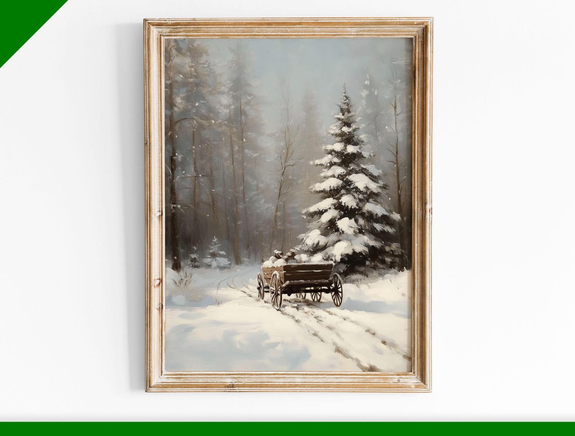 Snowy Forest Road With Horse Drawn Wagon Winter Vintage Poster