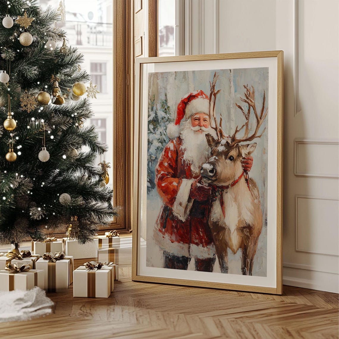 Santa Claus Hugging a Reindeer in the Snow Christmas Painting Poster - Image 2