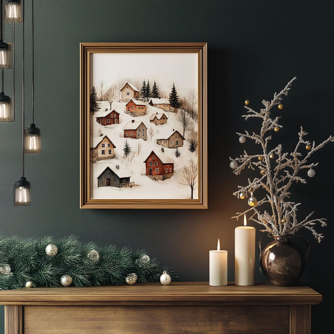 Snowy Nordic Village Hillside Cabins Watercolor Christmas Poster - Image 5