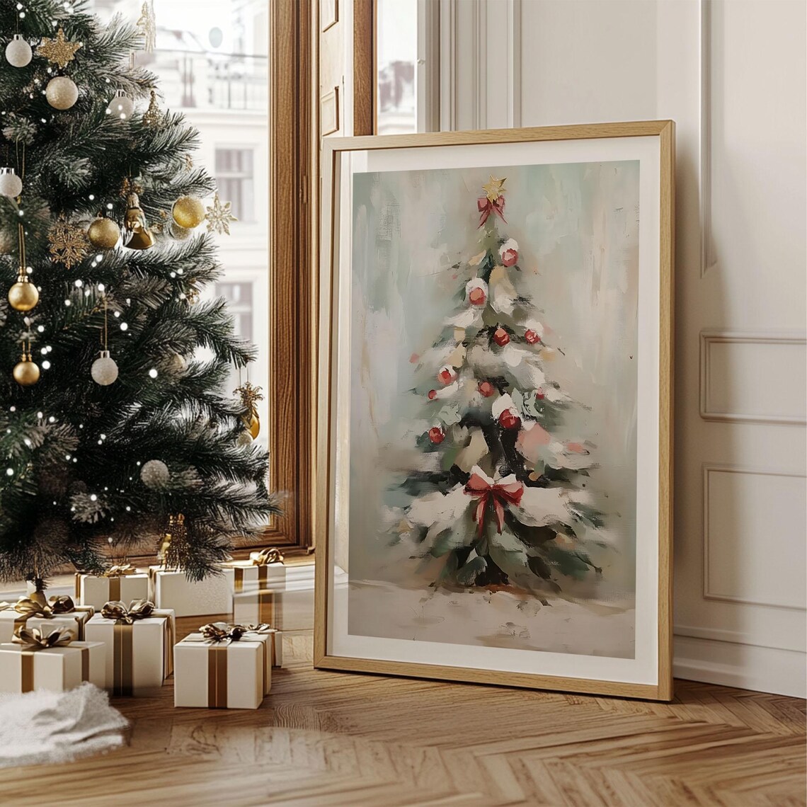 Snowy Christmas Tree with Red Ornaments Loose Oil Painting Poster - Image 2
