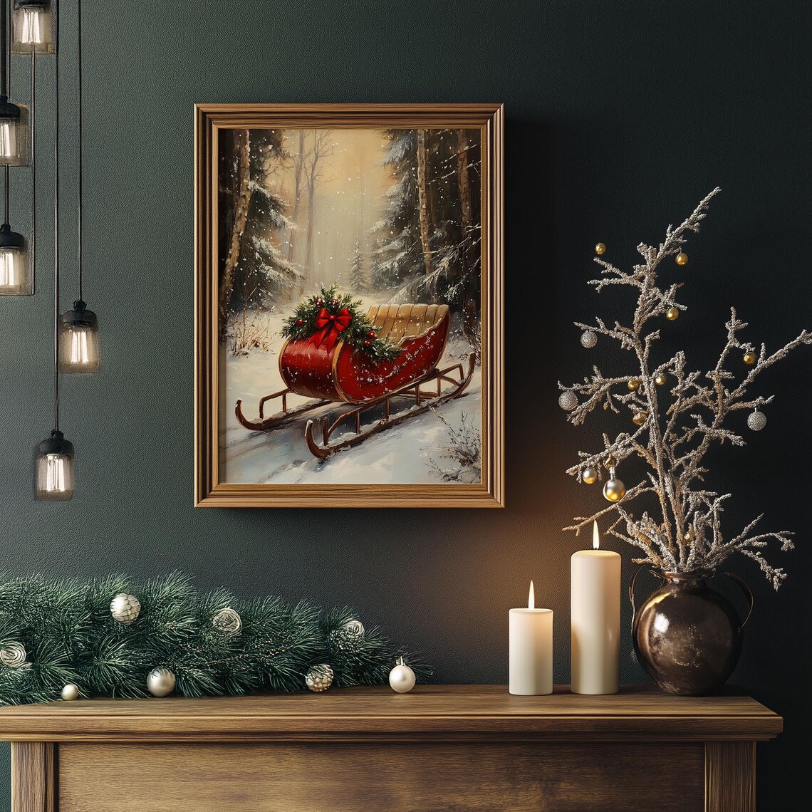 Red Christmas Sleigh in Snowy Forest Vintage Winter Scene Poster - Image 5
