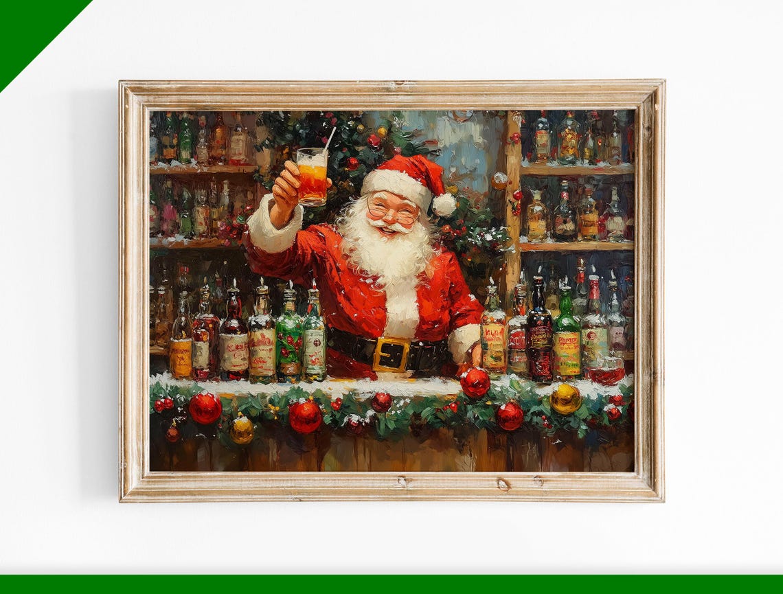 Festive Santa Claus Bartender Raising Cocktail at Holiday Bar Poster