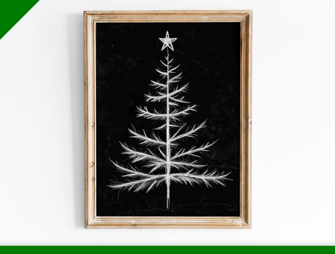 White Chalk Christmas Tree Drawing on Black Chalkboard Wall Art