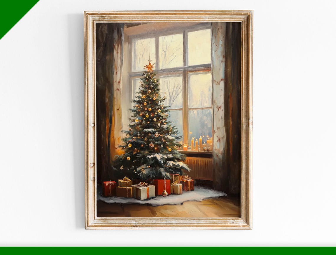Christmas Tree by Window With Gifts and Candles Oil Painting Poster