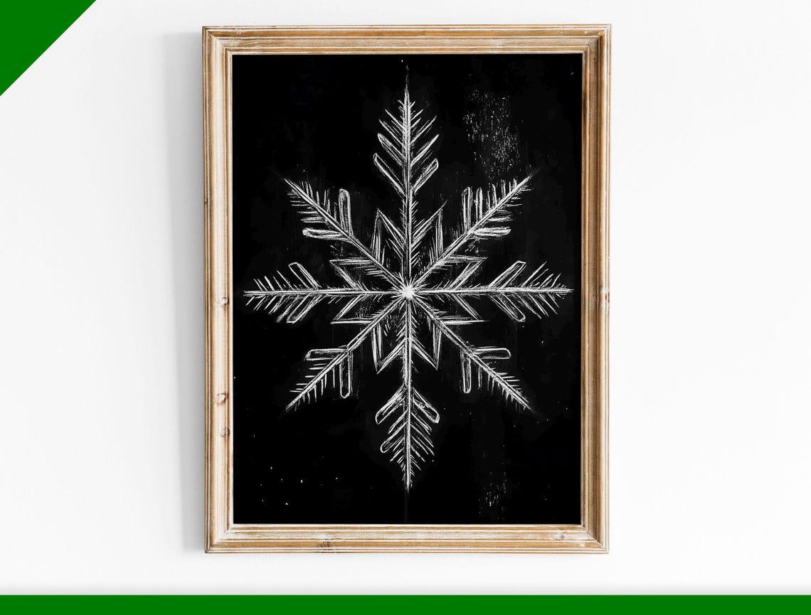 White Snowflake Chalk Drawing on Black Background Winter Poster