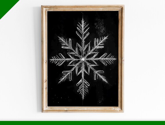 White Snowflake Chalk Drawing on Black Background Winter Poster