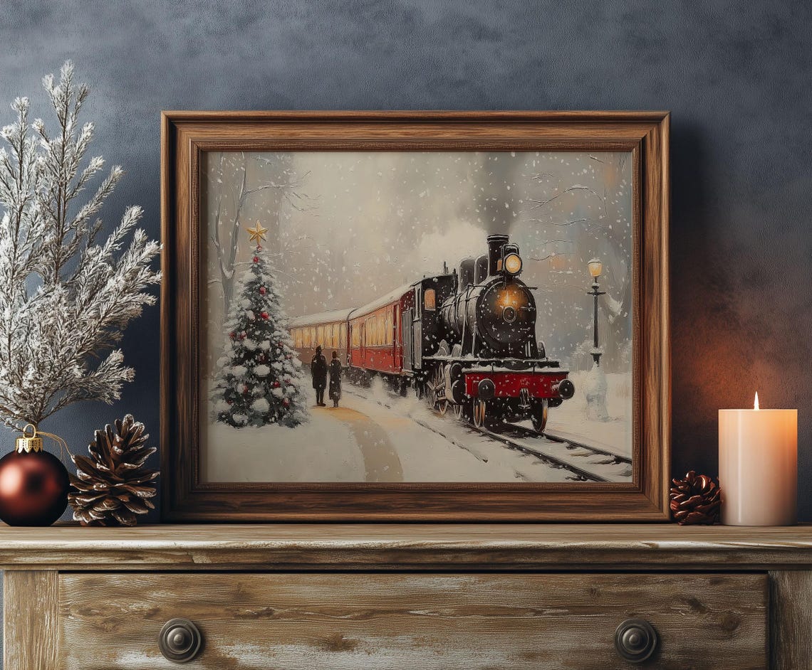 Vintage Steam Locomotive in Falling Snow Christmas Tree Poster - Image 4