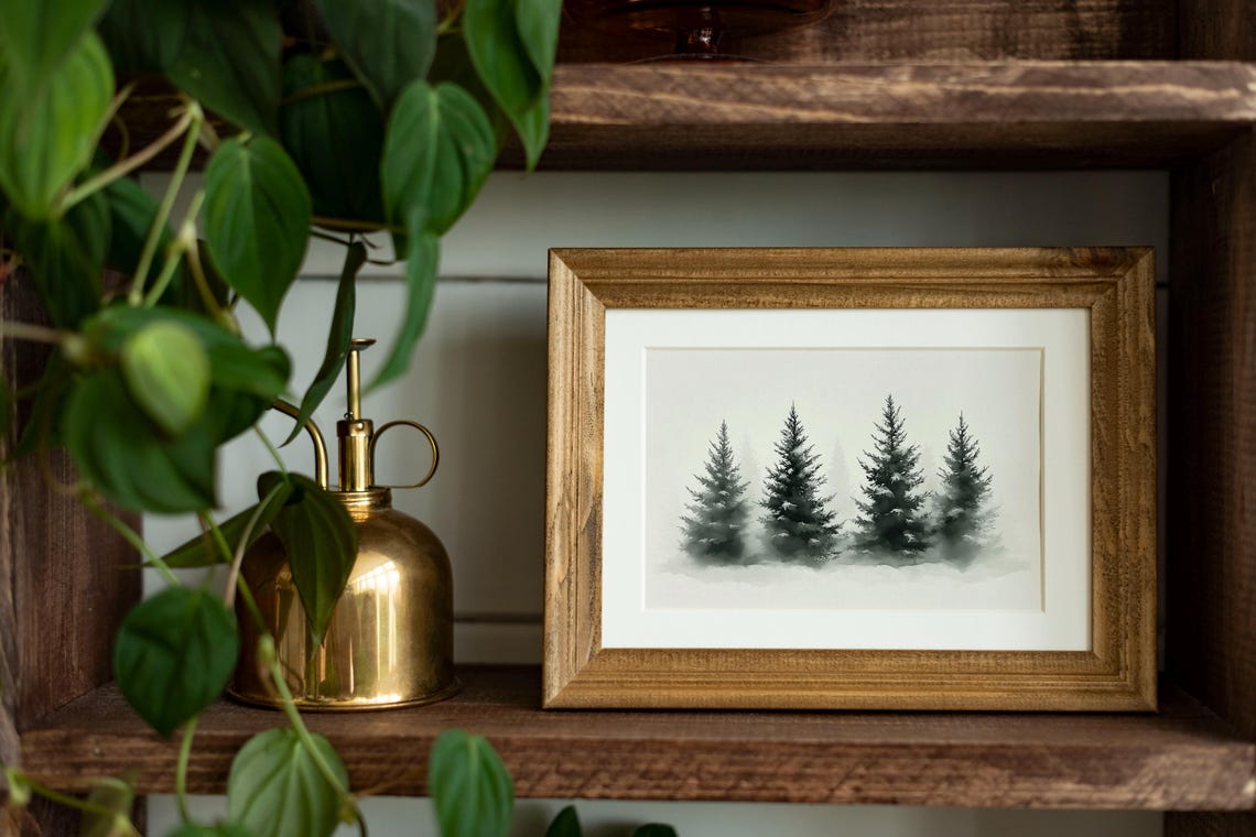 Five Misty Pine Trees Minimalist Foggy Winter Watercolor Poster - Image 2