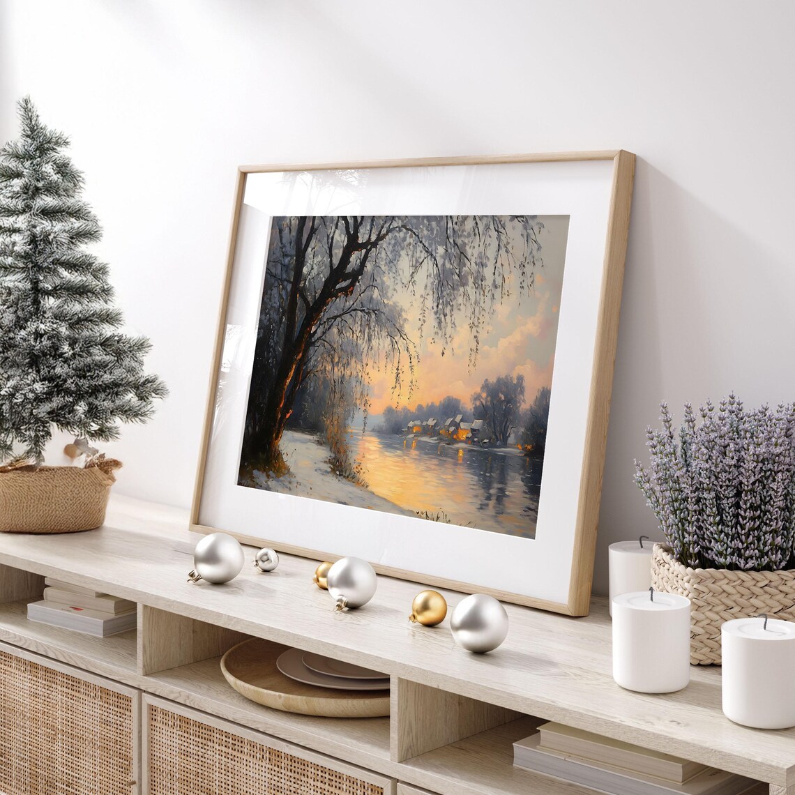Winter Riverside Sunset Willow Trees Glowing Village Oil Painting Poster - Image 3